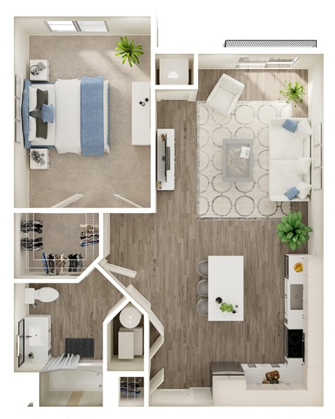 Floor plan for 1 bed, 1 bath, 713 sqft